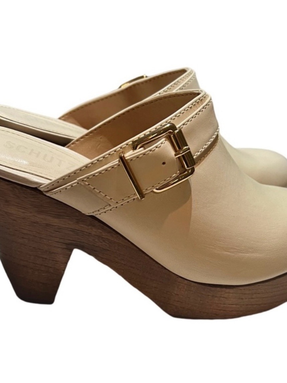 SCHUTZ Cream Leather Wood-Platform Mule with Gold Buckle